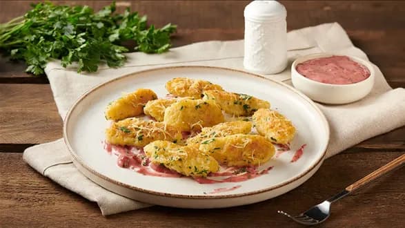 Haluszki z wędzonymi serkami i sosem żurawinowym